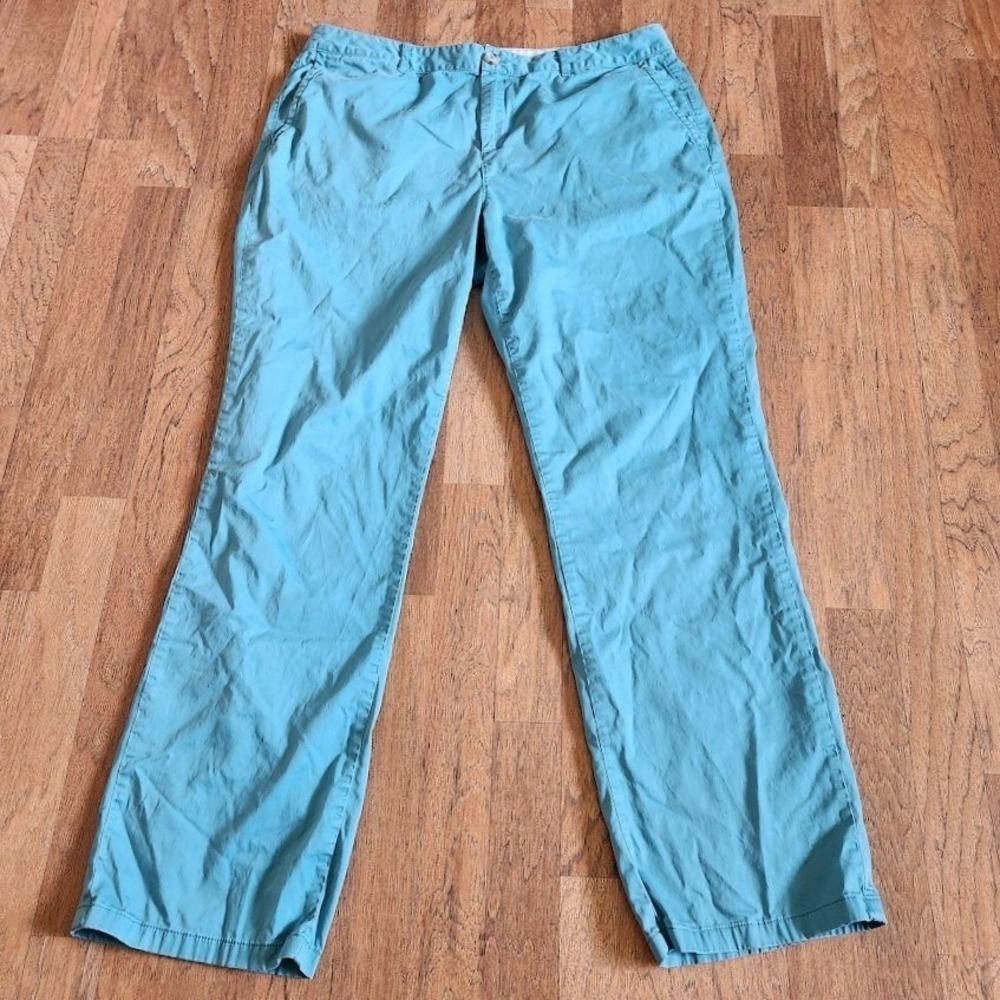 LL Bean Favorite Fit Chino Pants Womens 16 Teal Blue Straight Leg‎ Cotton 478